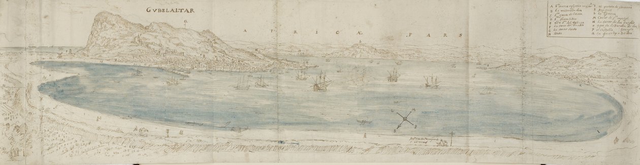 Panoraamanäkymä Gibraltarin lahdelle kaupunkia ja Afrikan rannikkoa kohti (kynä ja ruskea muste, jossa sininen pesu mustan liidun päällä) tekijältä Anthonis van den Wyngaerde