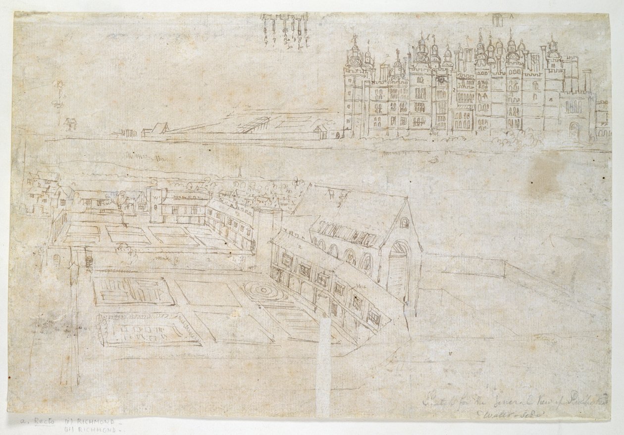 Privy Gardens, Richmond Palace, n. 1544 (kynä ja muste paperille) tekijältä Anthonis van den Wyngaerde