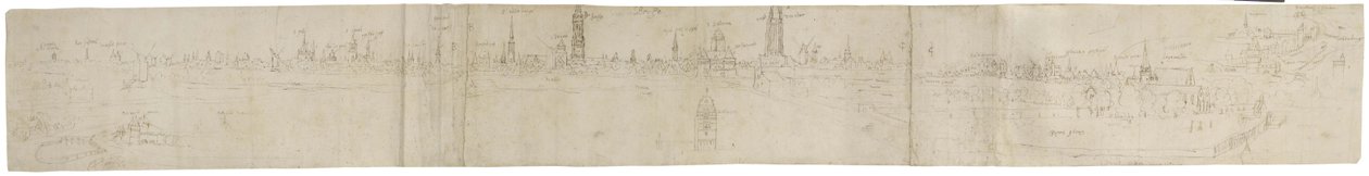 Recto: Preliminary Sketch for a View of Bruges from the South-West, 1558 (kynällä ja ruskealla tussilla mustan liidun jälkien päälle) tekijältä Anthonis van den Wyngaerde