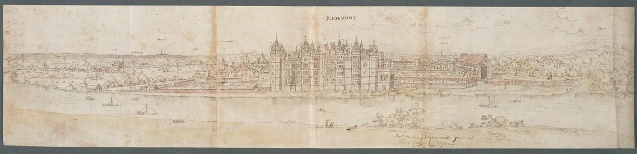 Richmond Palace Thamesin toiselta puolelta, 1562 (kynä, muste ja wc paperilla) tekijältä Anthonis van den Wyngaerde