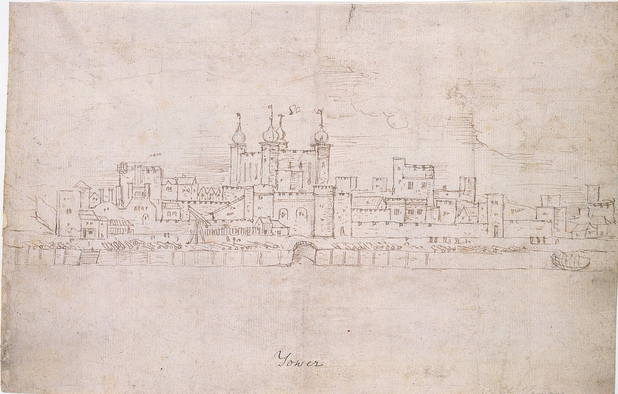 Lontoon Tower, n. 1544 (kynä ja muste paperille) tekijältä Anthonis van den Wyngaerde