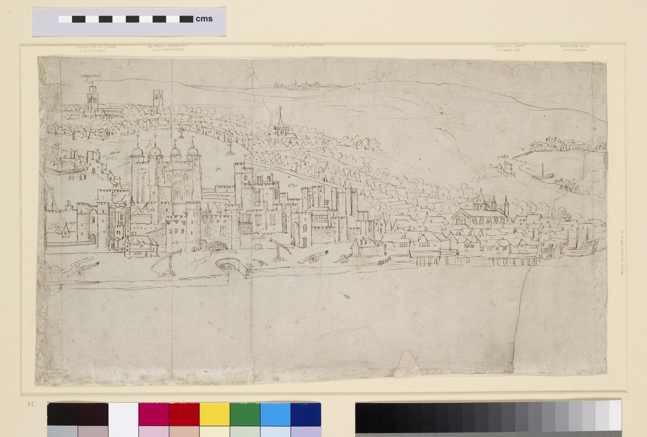 Lontoon torni, teoksesta "The Panorama of London", noin 1544 (tussi ja liitu paperille). tekijältä Anthonis van den Wyngaerde