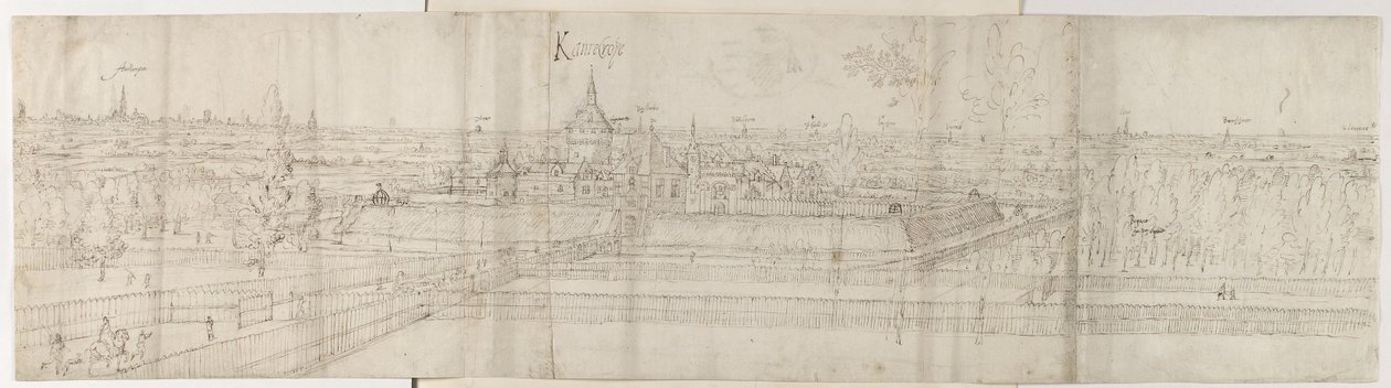 Näkymä Cantecroyn palatsista Antwerpenin lähellä ja ympäröivälle maaseudulle, 1557-58 (kynä ja ruskea muste mustan liidun päällä) tekijältä Anthonis van den Wyngaerde