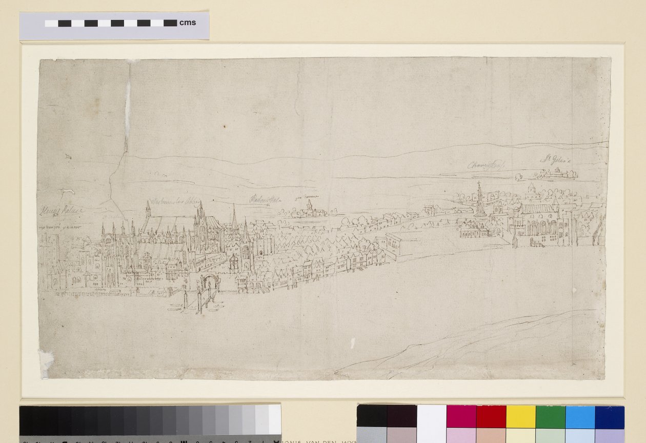 Westminsterin palatsi, "The Panorama of London", n. 1544 (kynä, mustetta ja liitu paperille) tekijältä Anthonis van den Wyngaerde