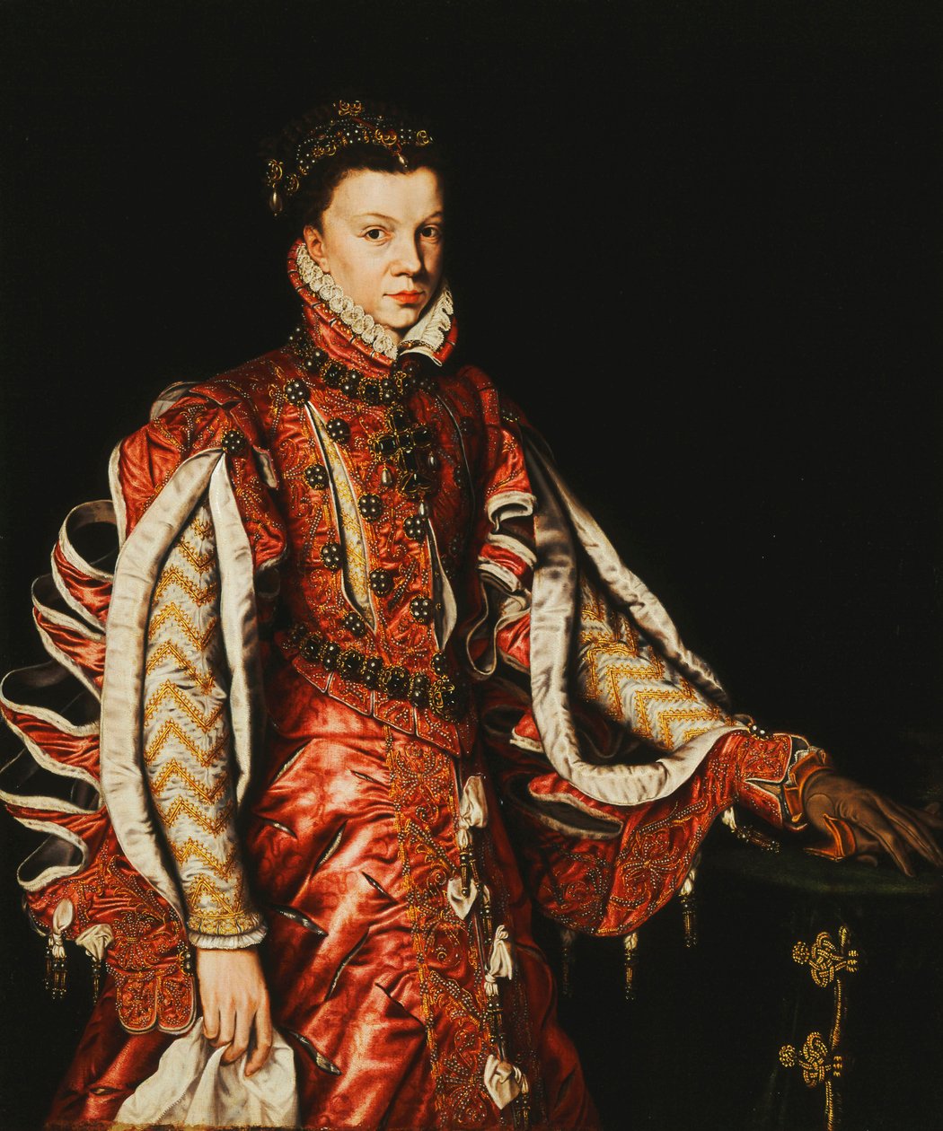 Espanjan kuningattaren Elisabet of Valoisin muotokuva, pituus kolme neljäsosaa, tekijältä Anthonis van Dashorst Mor