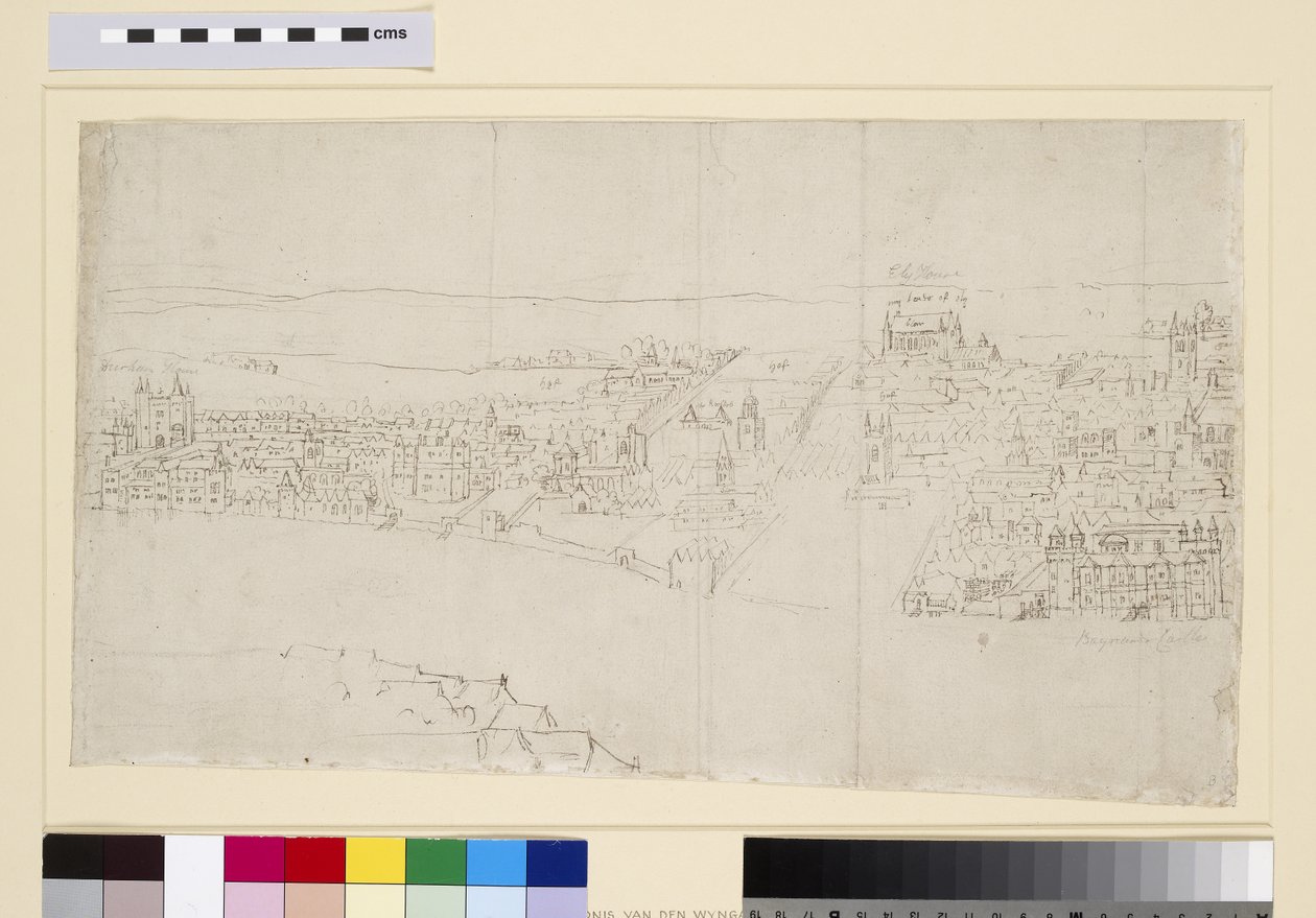 Durham House Barnardin linnaan, Lontoon panoraama, n. 1544 (kynä ja mustetta ja liitu paperille) tekijältä Anthonis van den Wyngaerde