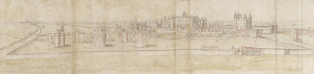 Hampton Court Palace pohjoisesta (kynä ja ruskea muste ja akvarelli mustalla liidulla) tekijältä Anthonis van den Wyngaerde