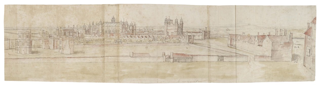 Hampton Court Palace pohjoisesta (kynä ja ruskea muste ja akvarelli mustalla liidulla) tekijältä Anthonis van den Wyngaerde