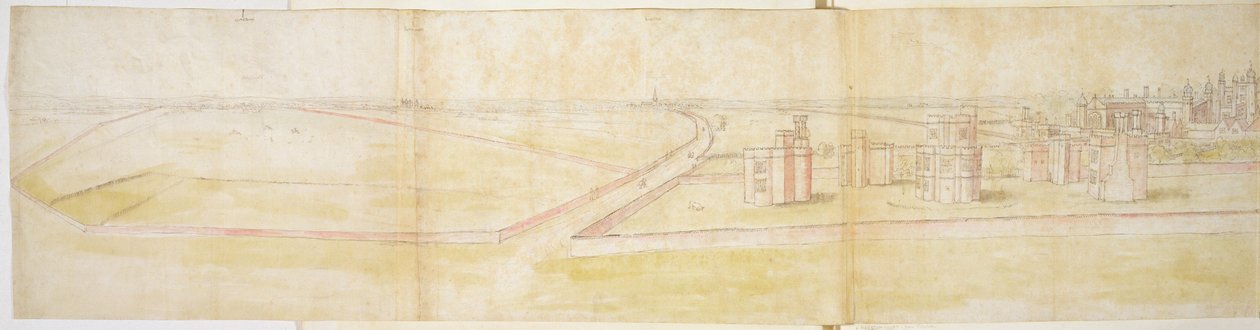 Hampton Courtin palatsi pohjoisesta, n. 1544 (kynä, muste ja wc paperilla) tekijältä Anthonis van den Wyngaerde