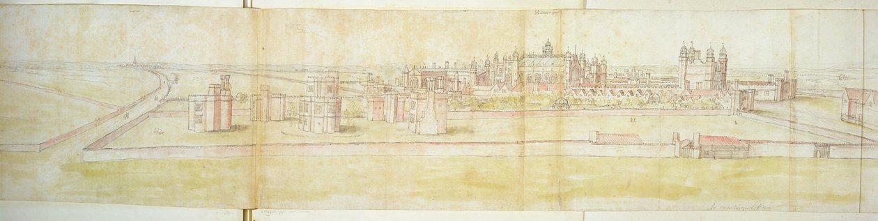 Hampton Courtin palatsi pohjoisesta, n. 1544 (kynä, muste ja wc paperilla) tekijältä Anthonis van den Wyngaerde
