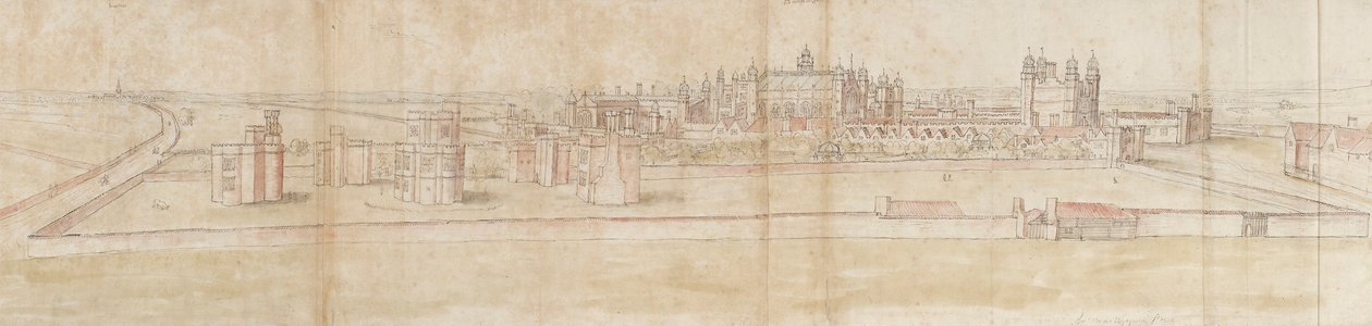 Hampton Courtin palatsi pohjoisesta, 1550-1560 tekijältä Anthonis van den Wyngaerde