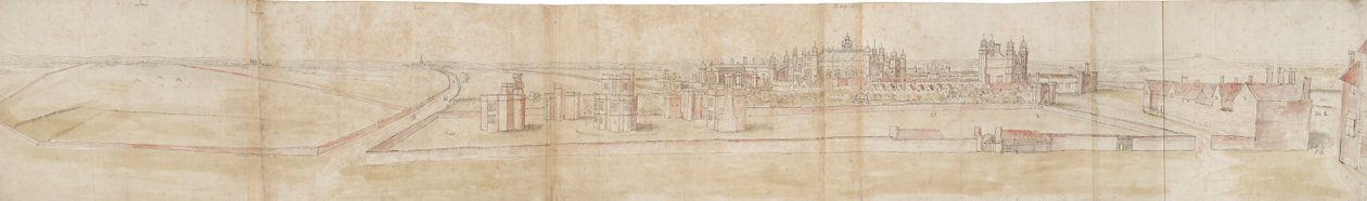Hampton Courtin palatsi pohjoisesta, 1550-1560 tekijältä Anthonis van den Wyngaerde