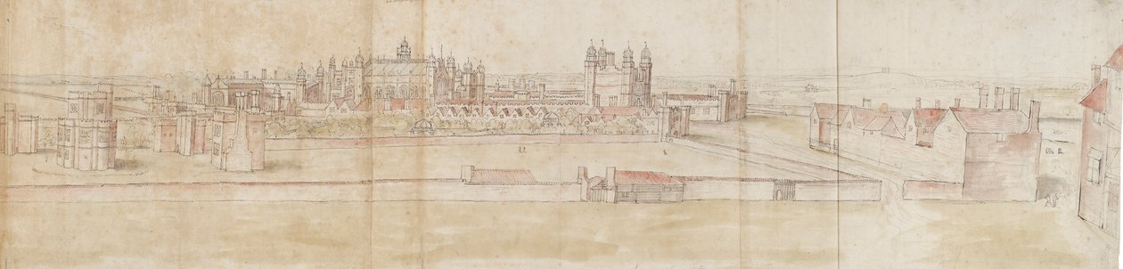 Hampton Courtin palatsi pohjoisesta, 1550-1560 tekijältä Anthonis van den Wyngaerde