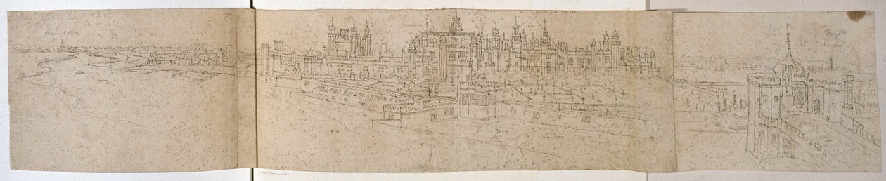 Hampton Court Palace from the River, n. 1544 (kynä ja muste paperille) tekijältä Anthonis van den Wyngaerde