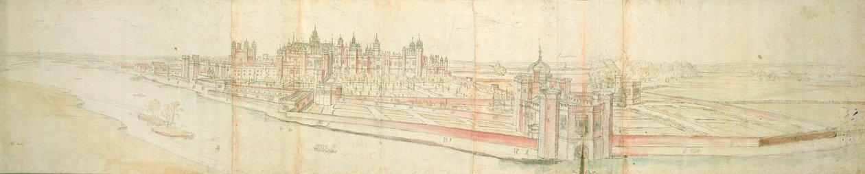 Hampton Court Palace from the River, n. 1544 (kynä, muste ja wc paperilla) tekijältä Anthonis van den Wyngaerde