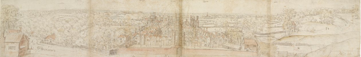 Oatlandsin palatsi etelästä, 1559. Verso: Richmond Palace and Roofs of Oatlands, 1559 tekijältä Anthonis van den Wyngaerde