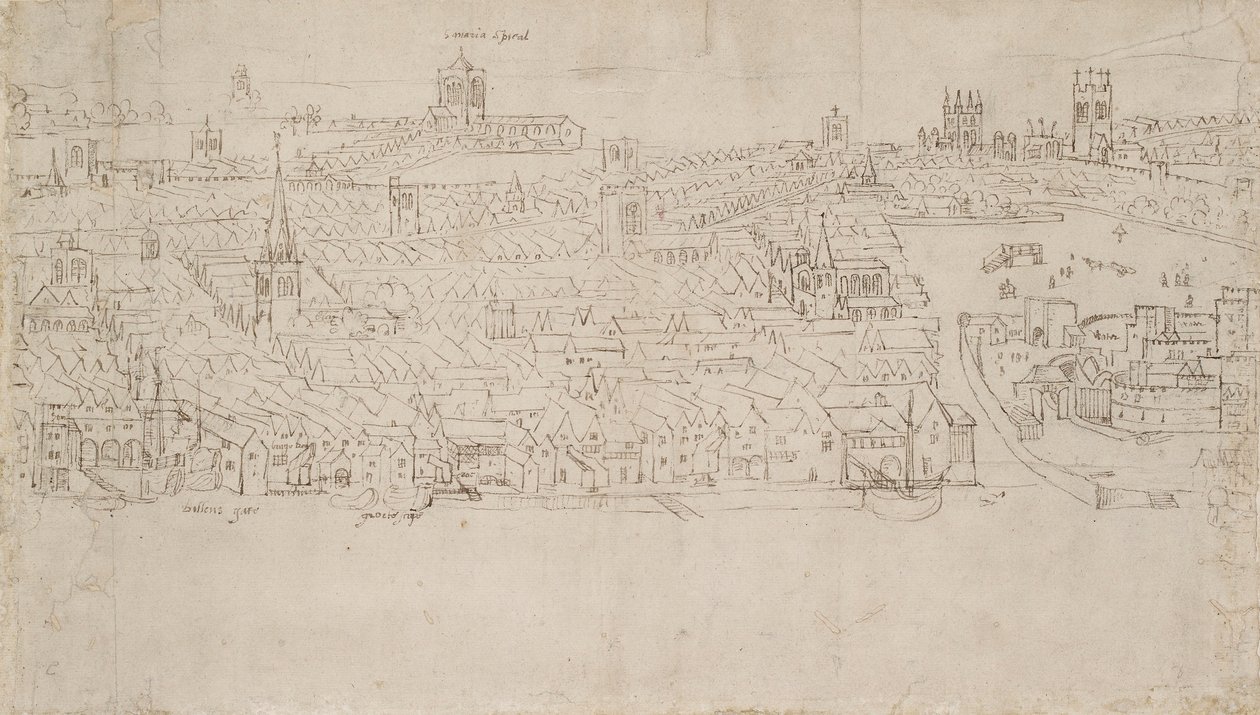 Lontoon panoraama Southwarkista nähtynä: Billingsgate Tower Wharfiin, 1554 tekijältä Anthonis van den Wyngaerde