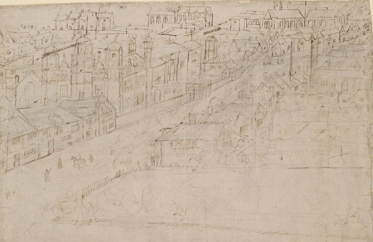 Lontoon panoraama Southwarkista nähtynä: Borough High Street St Mary Overyn kanssa, 1554 tekijältä Anthonis van den Wyngaerde