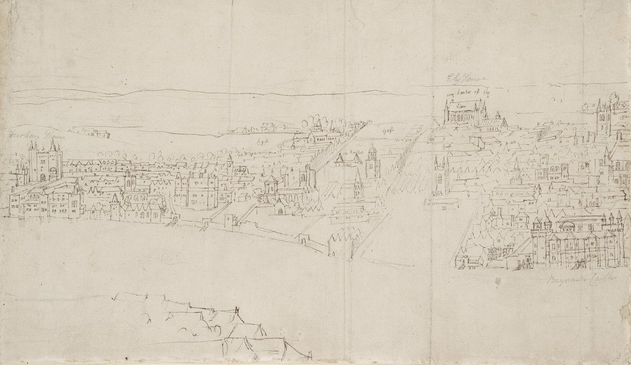 Panoraama Lontoosta Southwarkista katsottuna: Durham House - Barnards Castle (kynä ja tussi mustalla liidulla paperille): Southark Southwark: Durham House - Barnards Castle (kynä ja tussi mustalla liidulla paperille) tekijältä Anthonis van den Wyngaerde