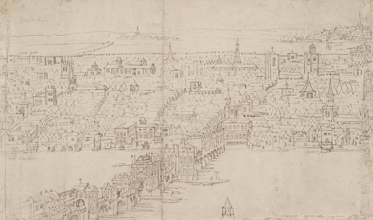 Lontoon panoraama Southwarkista nähtynä: London Bridge, 1554 tekijältä Anthonis van den Wyngaerde