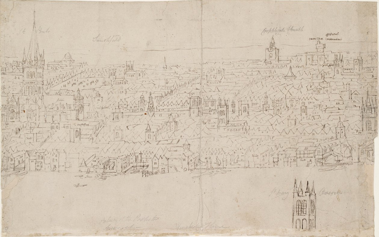 Lontoon panoraama Southwarkista nähtynä: St Paulin katedraali, 1554 tekijältä Anthonis van den Wyngaerde