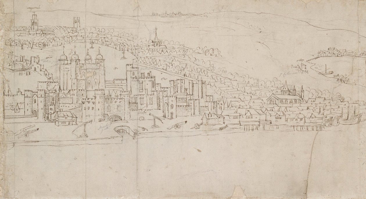 Lontoon panoraama nähtynä Southwarkista: The Tower, 1554 tekijältä Anthonis van den Wyngaerde