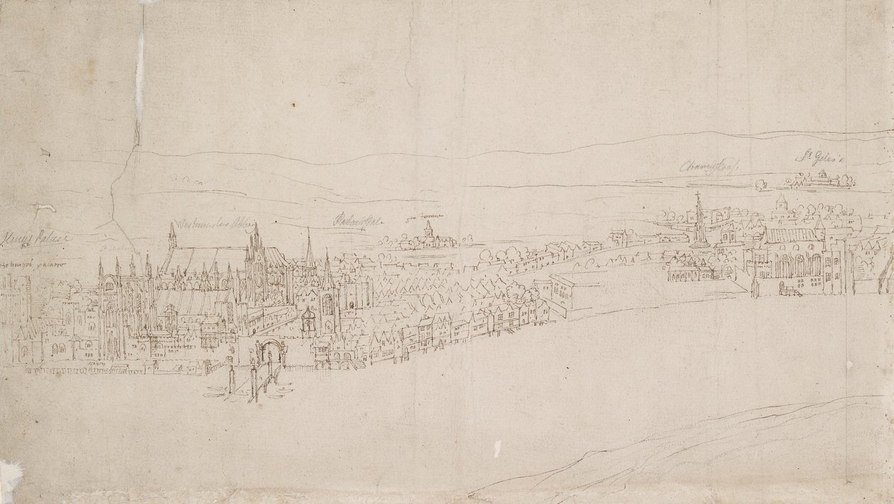 Lontoon panoraama Southwarkista nähtynä: Westminster, 1554 tekijältä Anthonis van den Wyngaerde