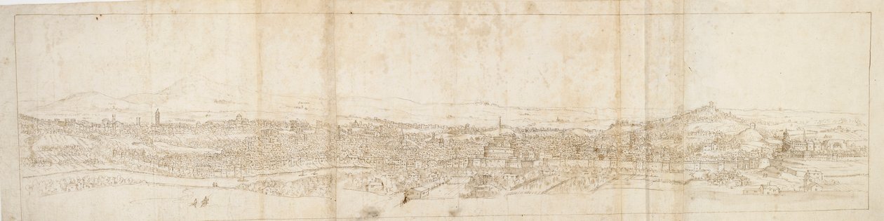Panoraamanäkymä Roomaan Monte Mariolta, Castel S. Angelo etualalla, 1550-luku tekijältä Anthonis van den Wyngaerde