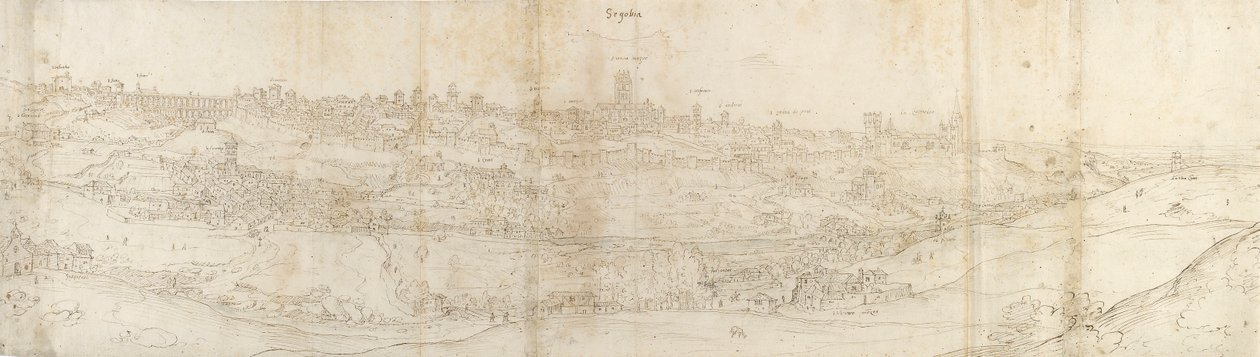 Panoraamanäkymä Segoviaan idästä, n. 1550-1560 tekijältä Anthonis van den Wyngaerde