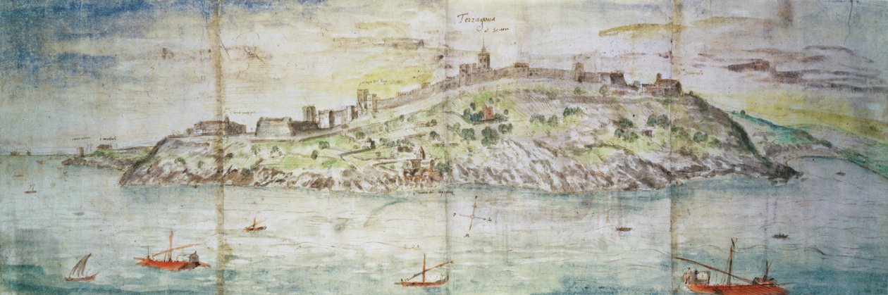 Panoraamanäkymä Tarragonaan, Espanjaan (kynä ja muste ja wc paperilla) tekijältä Anthonis van den Wyngaerde