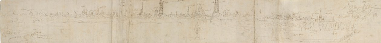 Alustava luonnos näkymästä Bruggeen lounaasta, 1558. tekijältä Anthonis van den Wyngaerde