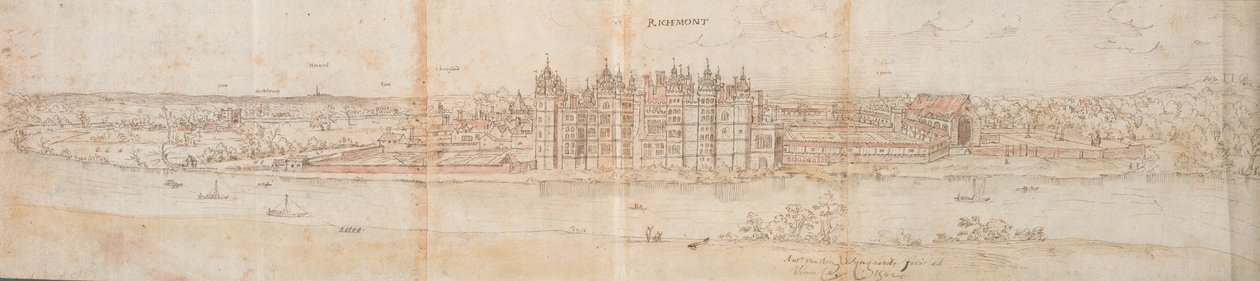 Richmondin palatsi Thamesin toiselta puolelta, 1562 tekijältä Anthonis van den Wyngaerde