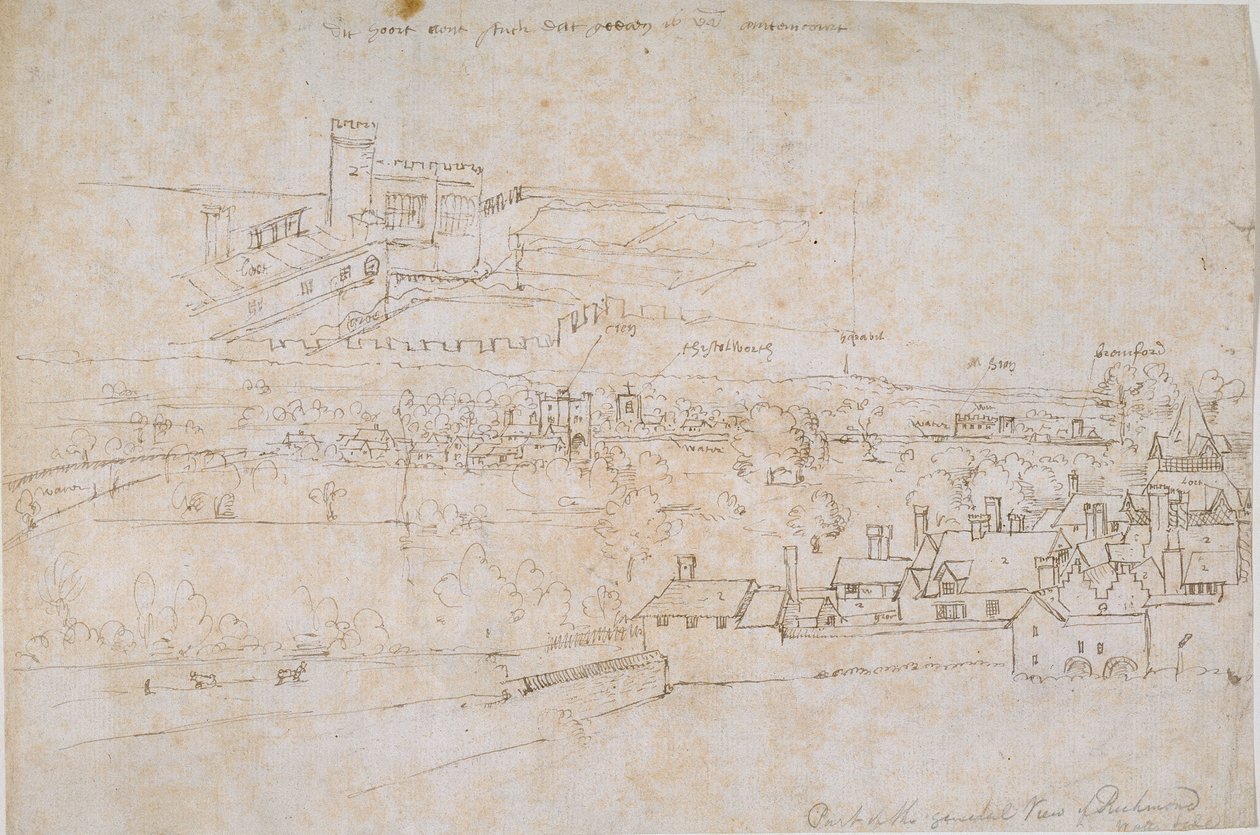 Tutkimusarkki Hampton Courtin palatseista, Richmondista ja ympäröivästä maaseudusta, 1560-luku. tekijältä Anthonis van den Wyngaerde