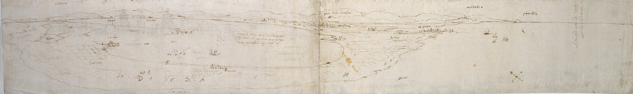 Luonnos Valencian laguunista, la Albuferasta ja viereisestä rannikosta ja maaseudusta, 1560-luku tekijältä Anthonis van den Wyngaerde