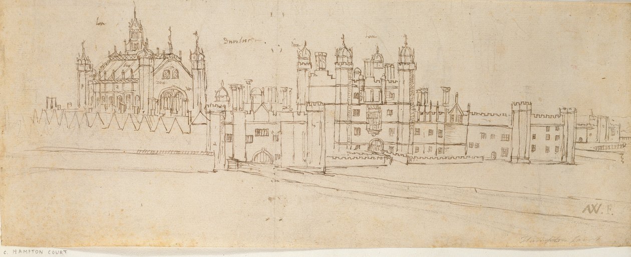 Hampton Court Palacen kappeli ja porttitalo, n. 1550-1560 tekijältä Anthonis van den Wyngaerde