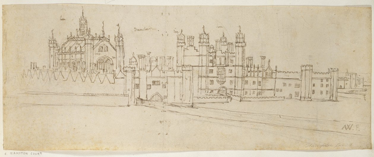 Hampton Courtin kappeli ja portti, n. 1544 (kynä ja muste paperille) tekijältä Anthonis van den Wyngaerde