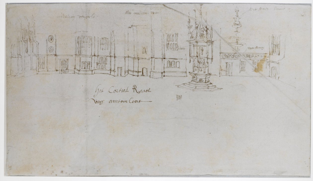 Fountain Court, Hampton Court Palace, n. 1544 (kynä ja muste ja kynä paperilla) tekijältä Anthonis van den Wyngaerde