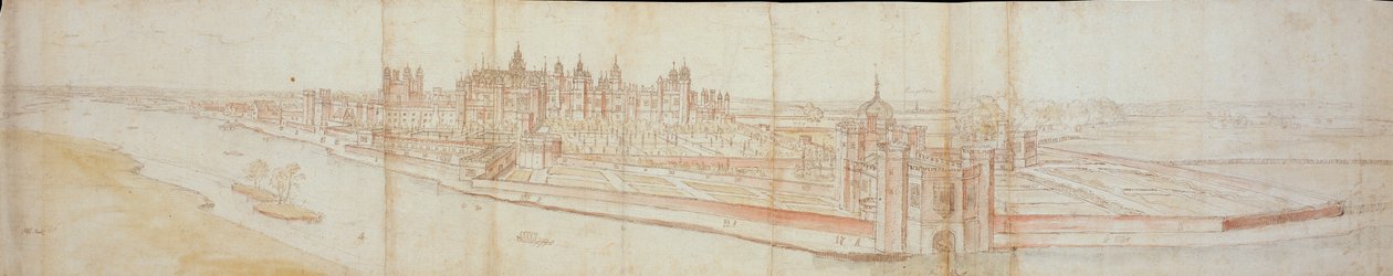 Näkymä Hampton Courtin palatsille etelästä, joki etualalla, 1558 tekijältä Anthonis van den Wyngaerde