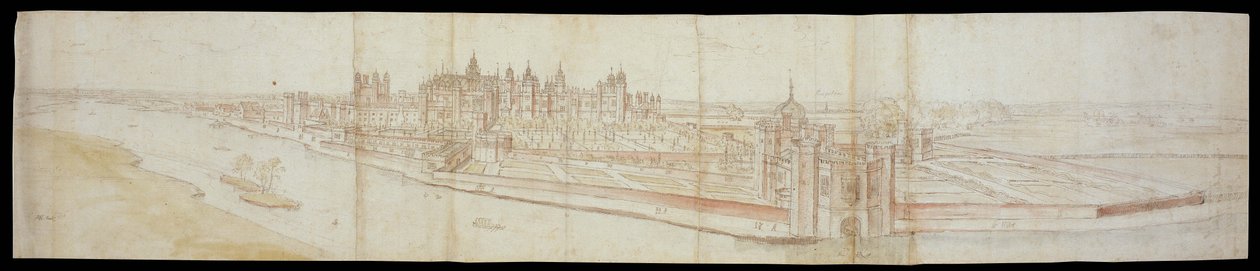 Näkymä Hampton Courtin palatsiin etelästä, etualalla joki, 1558 (tussi ja ruskea muste sekä akvarellit mustan liidun päällä). tekijältä Anthonis van den Wyngaerde