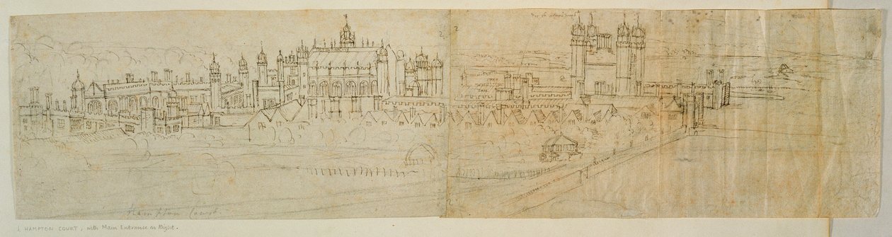 Näkymä Hampton Courtiin pohjoisesta, "The Panorama of London", n. 1544 (kynä ja muste paperille) tekijältä Anthonis van den Wyngaerde