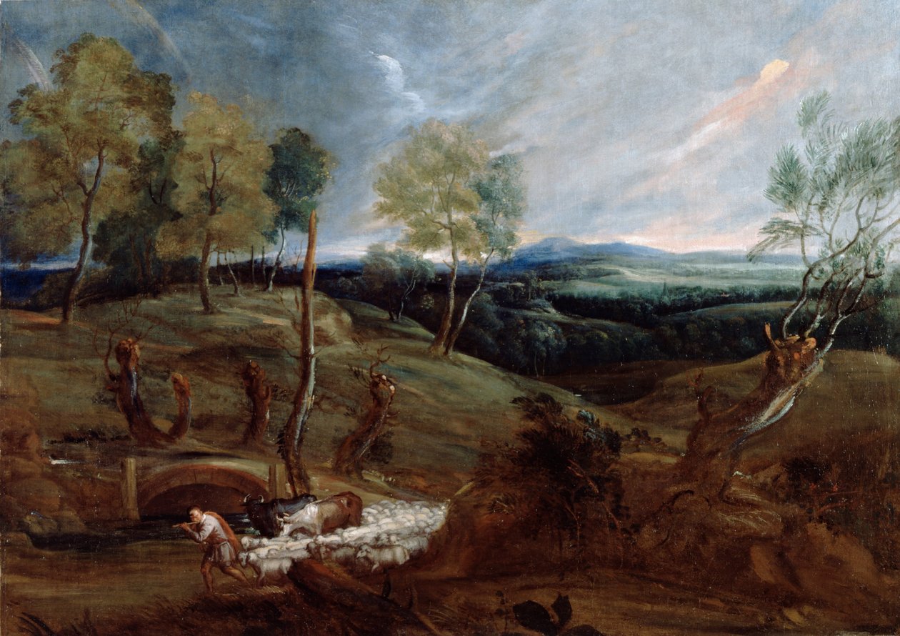 Auringonlaskun maisema paimenen ja hänen laumansa kanssa tekijältä Anthony van Dyck