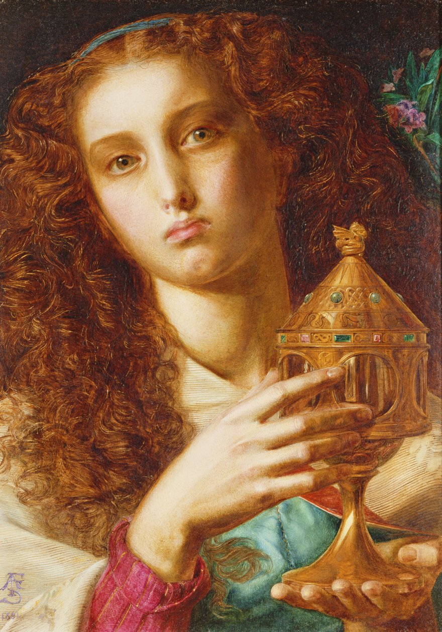 Kuningas Pellesin tytär, joka kantaa Sancgraalia, 1861 tekijältä Anthony Frederick Augustus Sandys