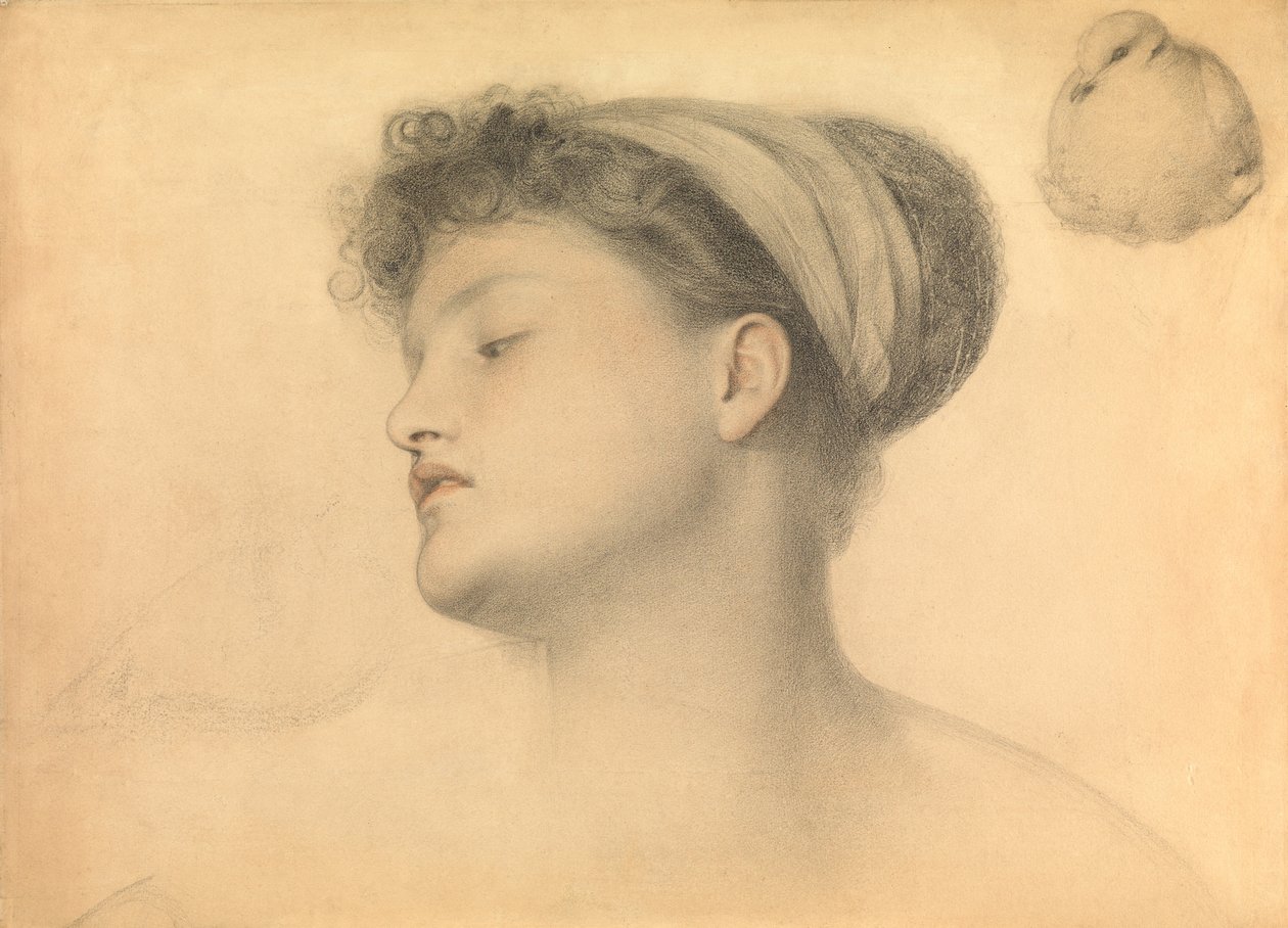 Tyttö kyyhkyjen kanssa -teoksen luonnos (lyijykynä ja väriliidut paperille) tekijältä Anthony Frederick Augustus Sandys