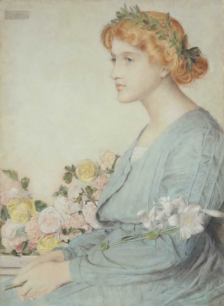 Laurel Wreath, 1902 (värillisiä liituja vaaleansinisellä paperilla) tekijältä Anthony Frederick Augustus Sandys