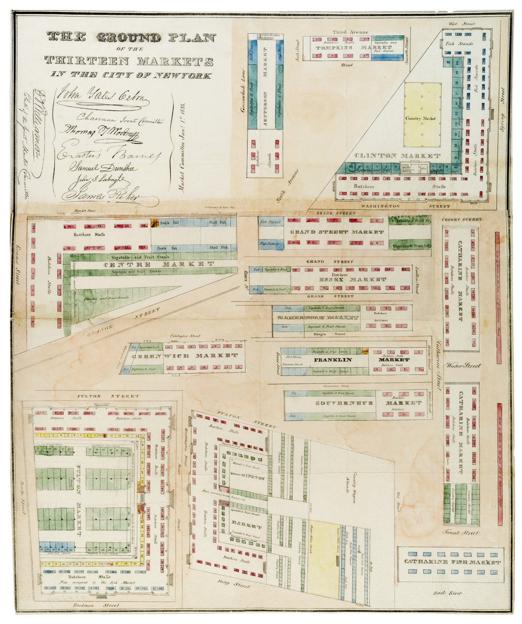 Kolmetoista markkinoiden perussuunnitelma New Yorkin kaupungissa, 1833 (musta muste, väripesu, paperille) tekijältä Anthony Imbert