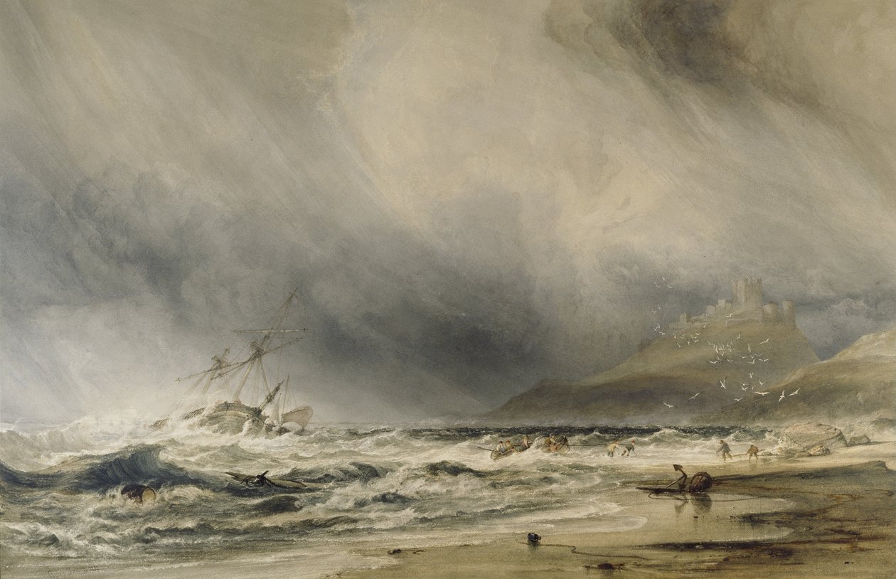 Bamburghin linna, 1852 (akvarelli, jossa on valkoista rungon väriä) tekijältä Anthony Vandyke Copley Fielding
