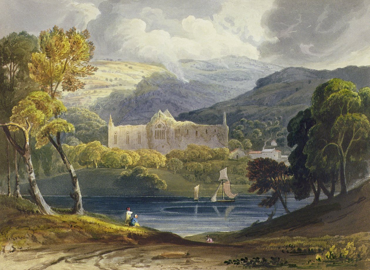 Tintern Abbeyn pohjoisnäkymä julkaisusta "Picturesque Illustrations of the River Wye", 1818 (väripainatus) tekijältä Anthony Vandyke Copley Fielding