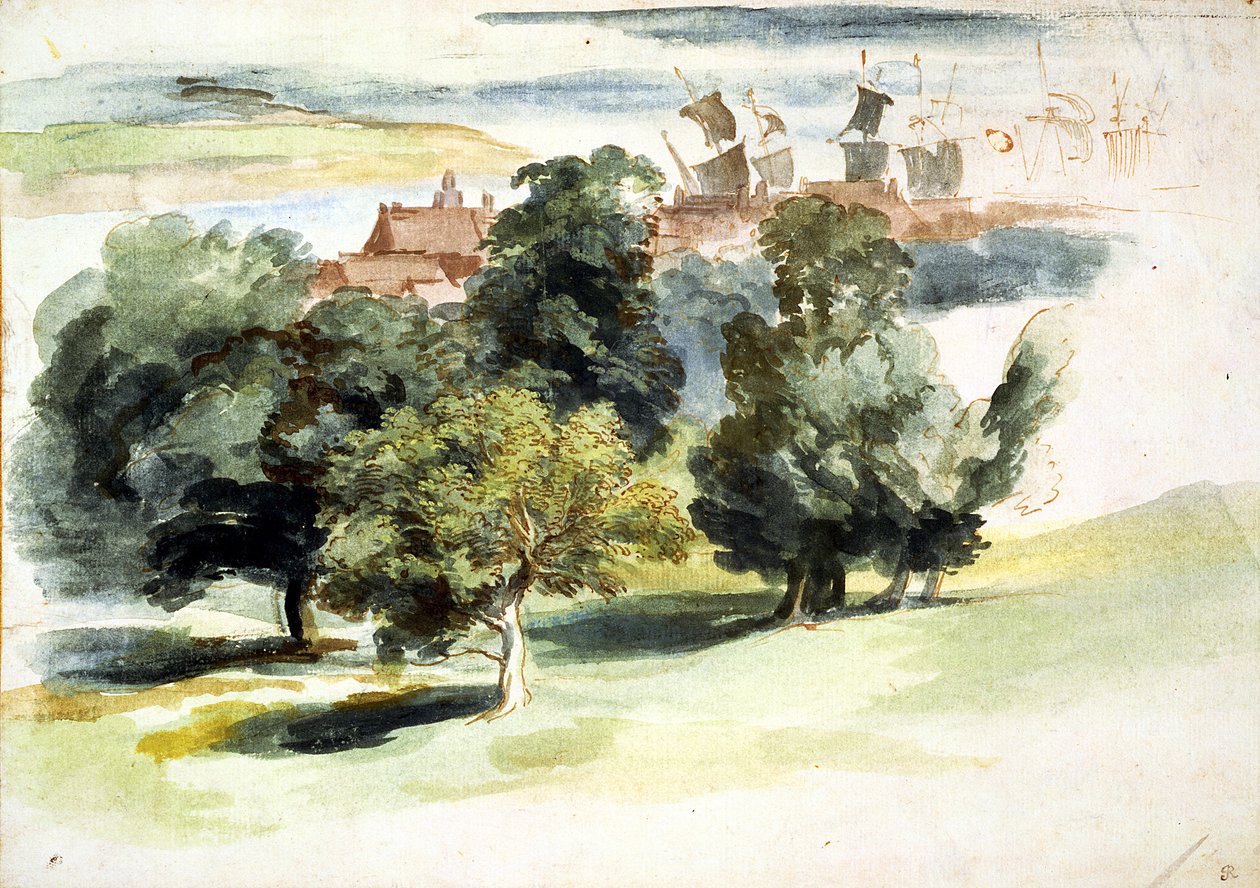 Englantilainen maisema, n. 1635-1641 (wc, guassi, kynä ja muste paperille) tekijältä Anthony van Dyck