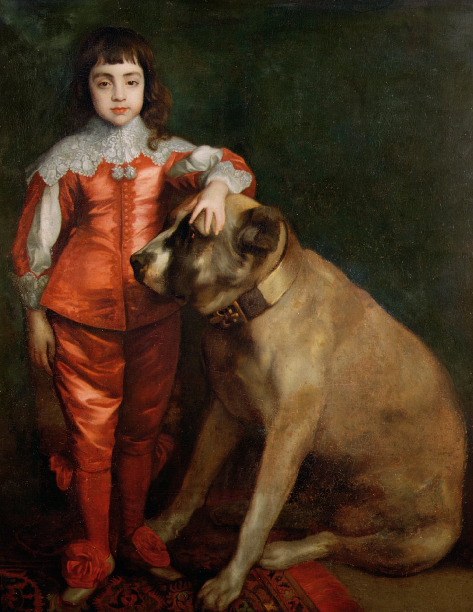 Täyspitkä muotokuva Kaarle II:sta mastiffipoikana tekijältä Anthony van Dyck