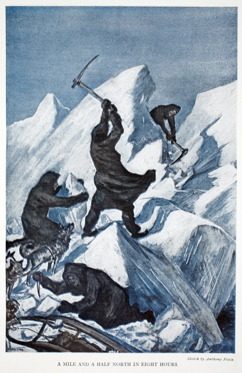 Puolitoista mailia pohjoiseen kahdeksassa tunnissa, pubi. Lontoo 1907 (väri litho) tekijältä Anthony Fiala